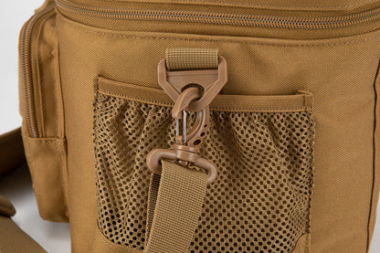 Close-up of a brown tactical bag with mesh pocket and strap