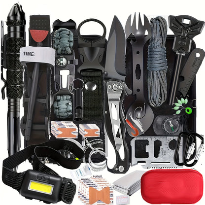 Collection of survival tools including a knife, flashlight, and multitool on a white background