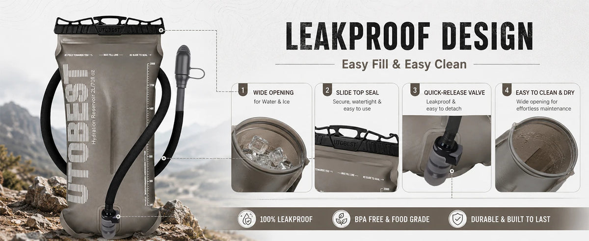 Leakproof hydration bladder with features highlighted on a scenic background