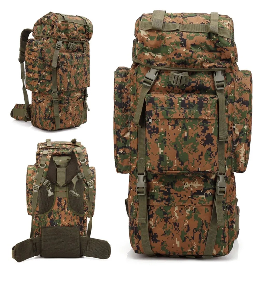 Camouflage backpack shown from multiple angles on a white background
