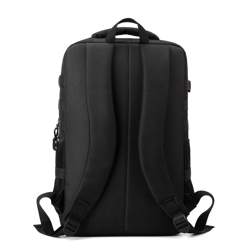 Black backpack shown from the back on a white background