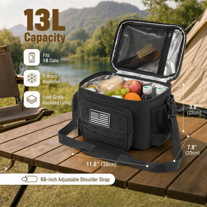A black 13L insulated picnic cooler bag shown open on a wooden table outdoors, with a lake, trees, and mountains in the background. The cooler contains food and drinks, and the image includes dimension callouts and feature icons for capacity, 8-hour insulation, food-grade lining, and adjustable shoulder strap.