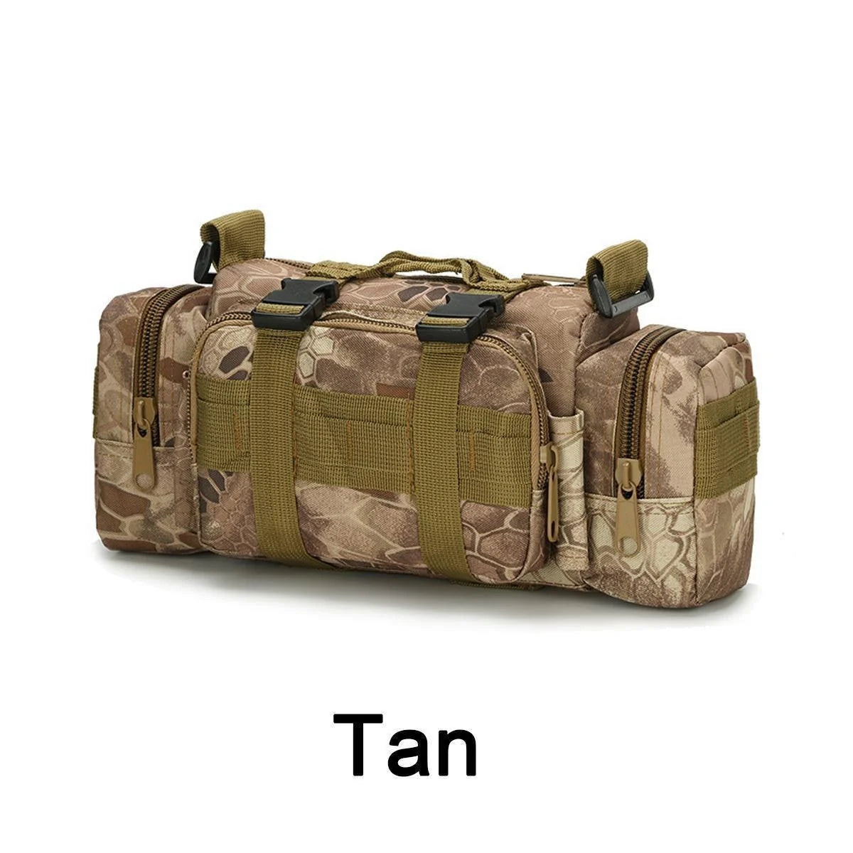 Tan camouflage duffel bag on a white background