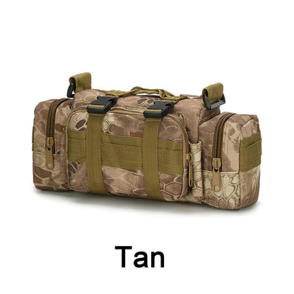 Tan camouflage duffel bag on a white background