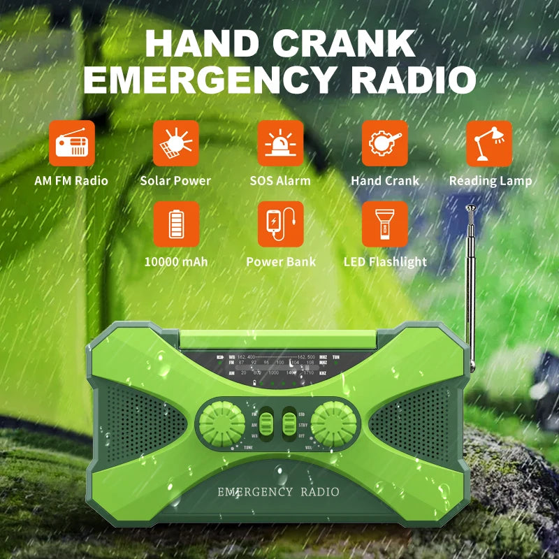 Green hand crank emergency radio with features listed on a green background
