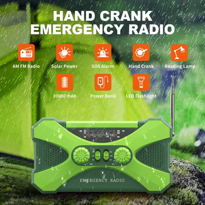 Green hand crank emergency radio with features listed on a green background