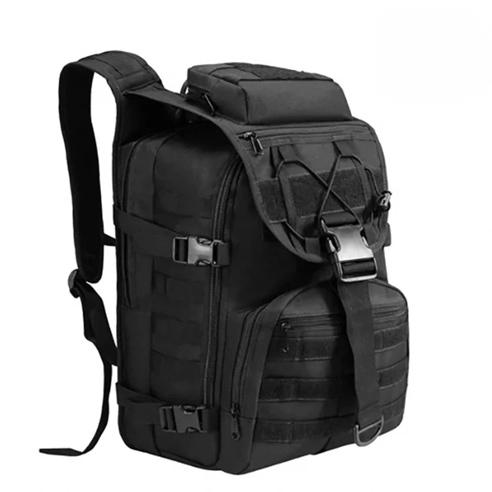 Black tactical backpack on a white background