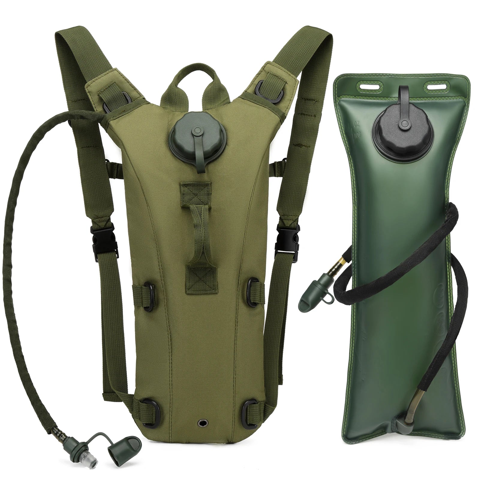 Green hydration backpack and bladder on a white background
