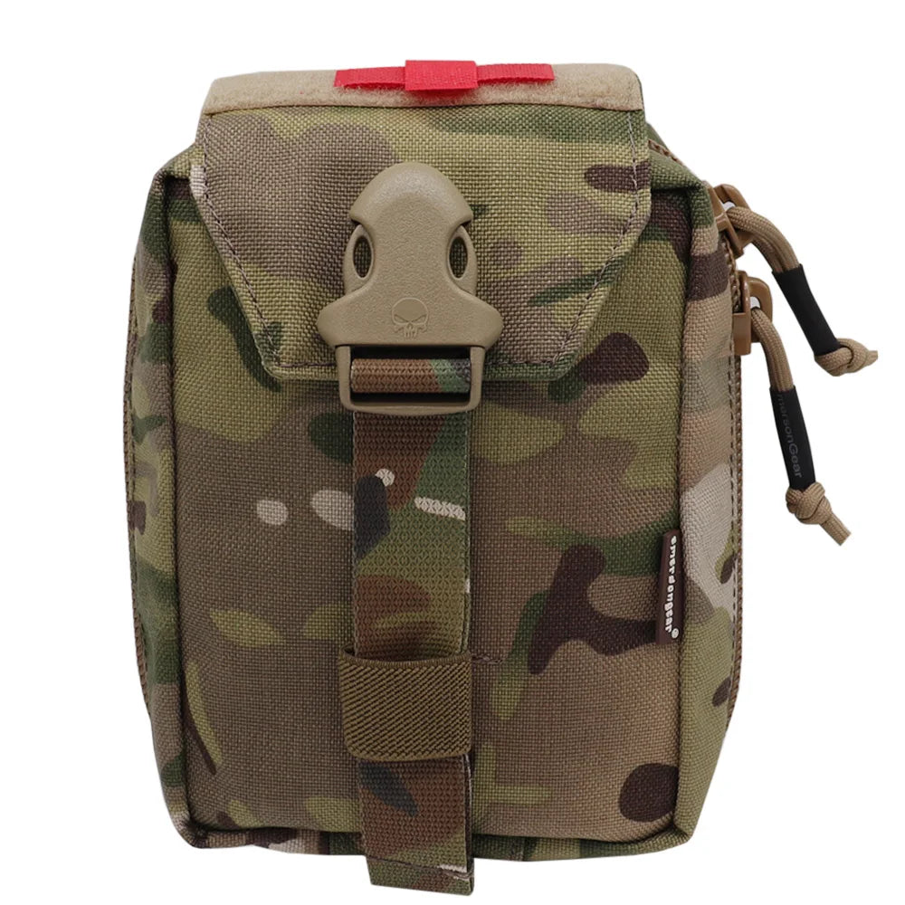 A tactical utility pouch in Multicam camouflage pattern, featuring a tan plastic quick-release buckle on the front flap, a red zipper pull tab, and a side zipper with black-and-tan cords.