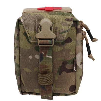 A tactical utility pouch in Multicam camouflage pattern, featuring a tan plastic quick-release buckle on the front flap, a red zipper pull tab, and a side zipper with black-and-tan cords.