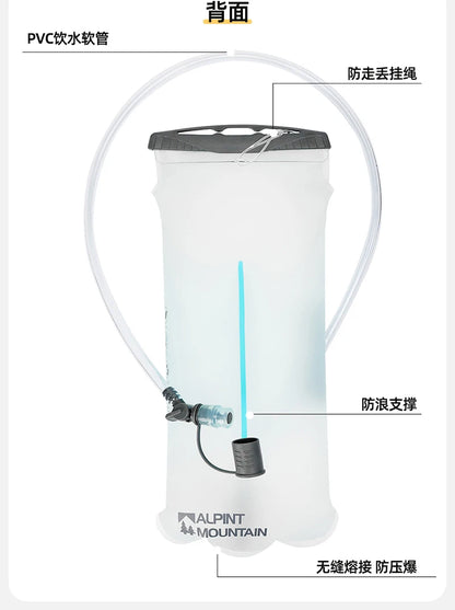 Alpine Mountain water bottle with a transparent PVC drinking tube, black cap, and blue internal support strut, shown on a white background with Chinese text labels pointing to different parts.