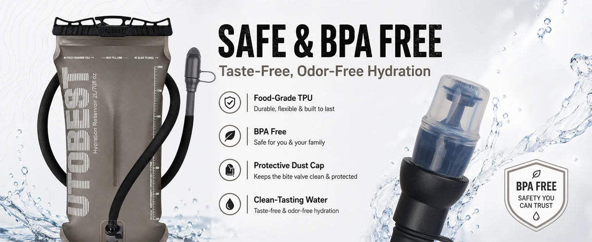 Hydration bladder with safety and BPA-free features on a white background