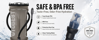 Hydration bladder with safety and BPA-free features on a white background