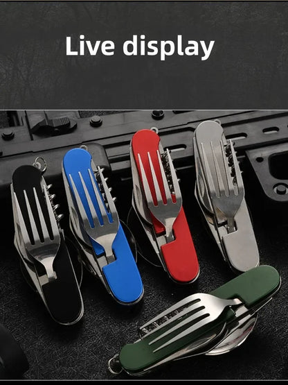 Set of multi-tool knives with different colored blades on a dark background