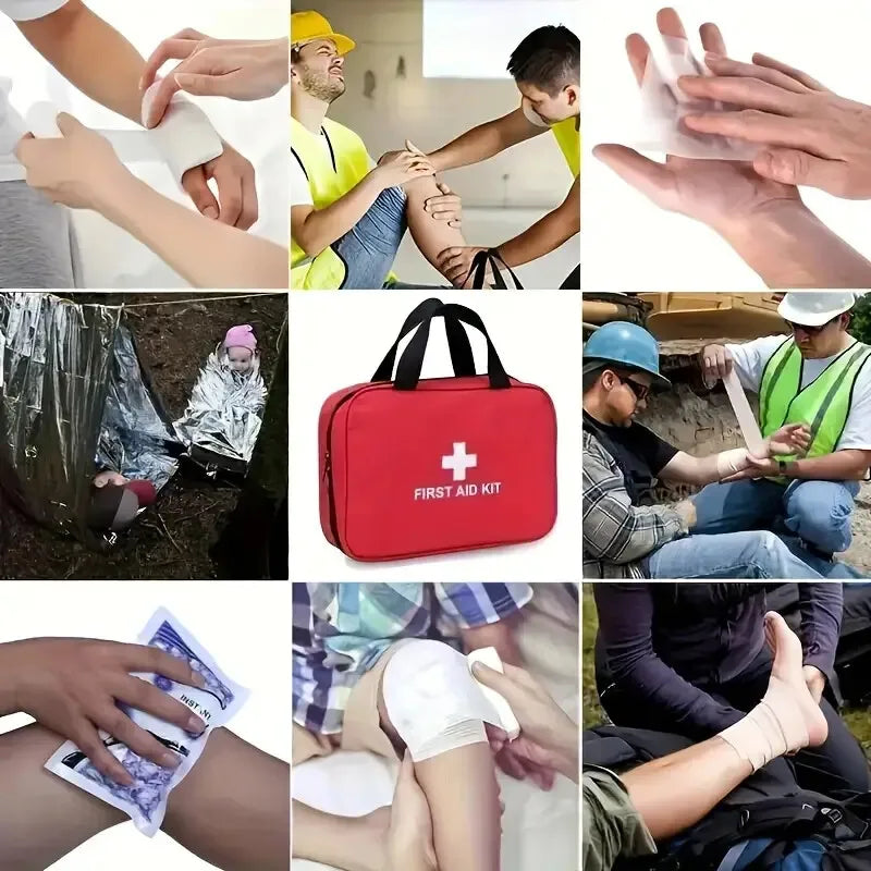 Collage of first aid scenarios with a red first aid kit in the center.