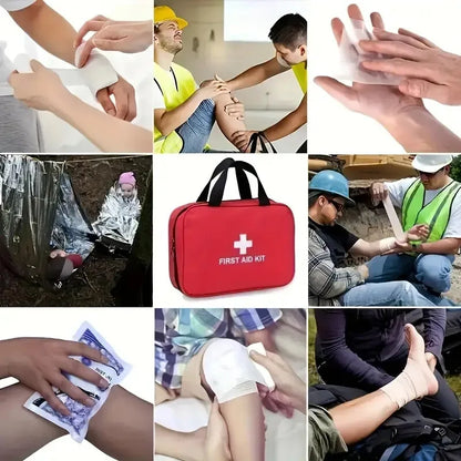Collage of first aid scenarios with a red first aid kit in the center.