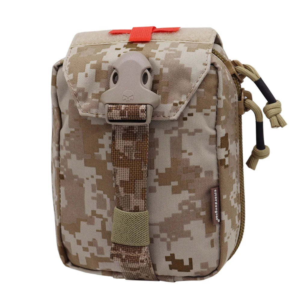A tactical utility pouch in a desert digital camouflage pattern, featuring a flap closure with a plastic buckle, a red strap accent, and a side cord with a knot.