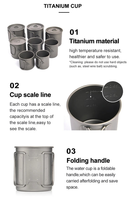 An informational product graphic for a titanium camping cup, showing several views and features with text callouts: multiple cup angles, a scale line indicator, and a folding handle detail on a white background.