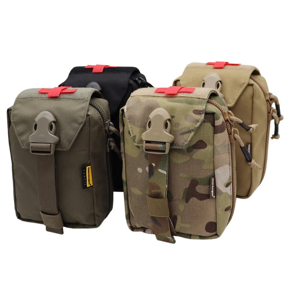 Three tactical utility pouches shown on a plain white background: one olive green, one camouflage in tan and green, and one black. Each pouch has a front flap with a plastic buckle, zipper closure, and red top tab.