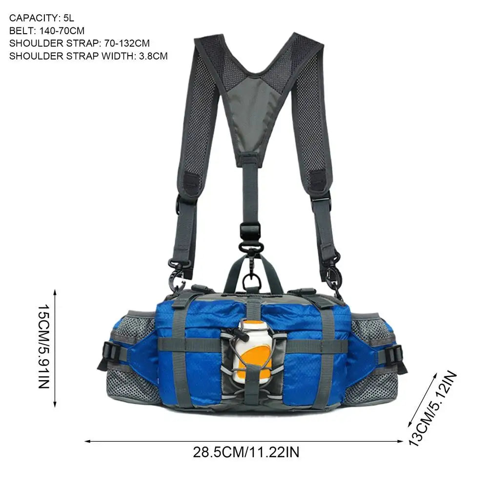 Blue and gray hydration backpack with shoulder straps and side mesh pockets, shown on a white background with measurement labels and text listing capacity and strap dimensions.