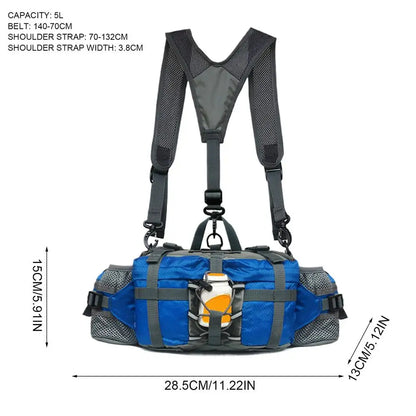 Blue and gray hydration backpack with shoulder straps and side mesh pockets, shown on a white background with measurement labels and text listing capacity and strap dimensions.