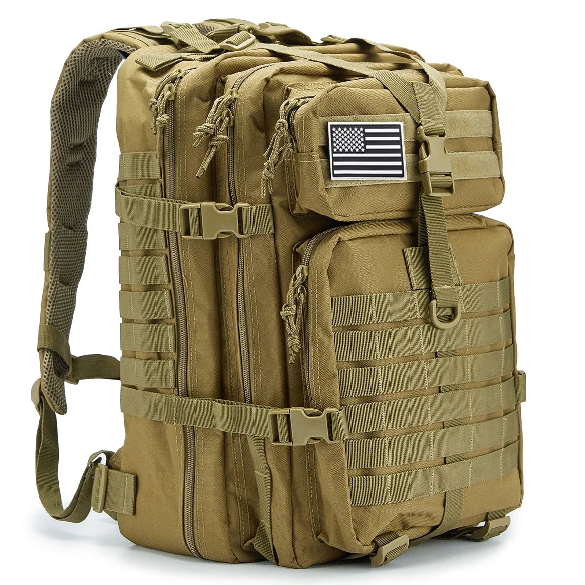 Tan tactical backpack with American flag patch on a white background
