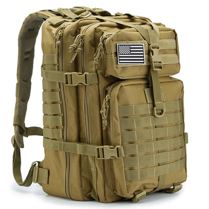 Tan tactical backpack with American flag patch on a white background