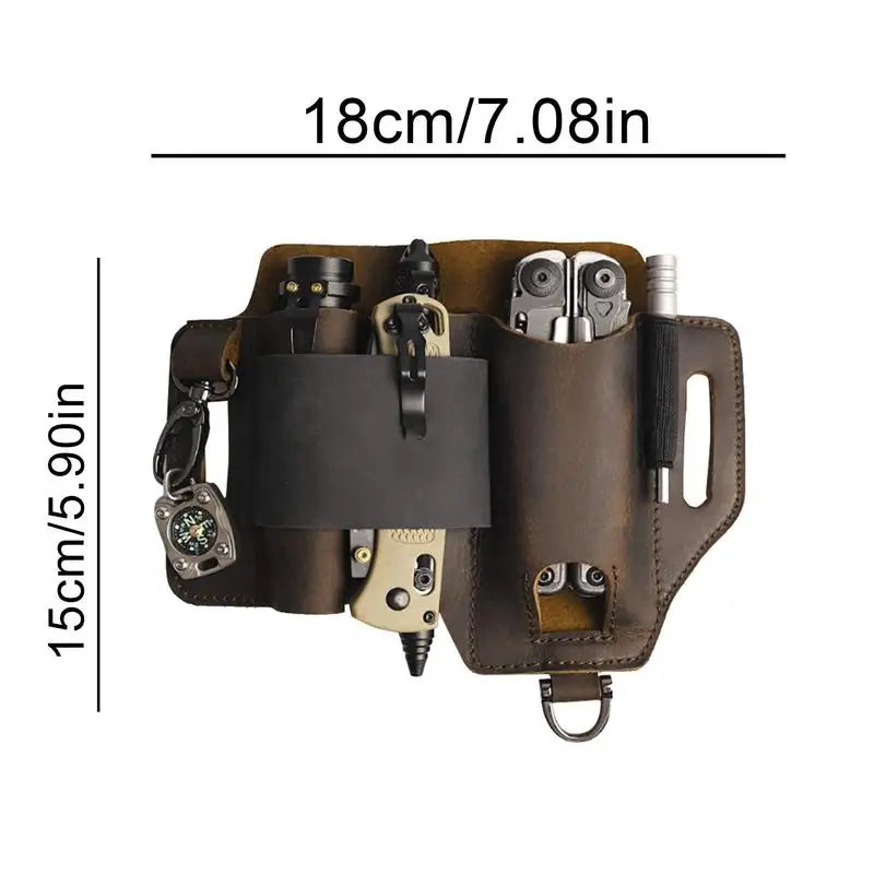 Brown leather tool belt with tools and measurements on a white background
