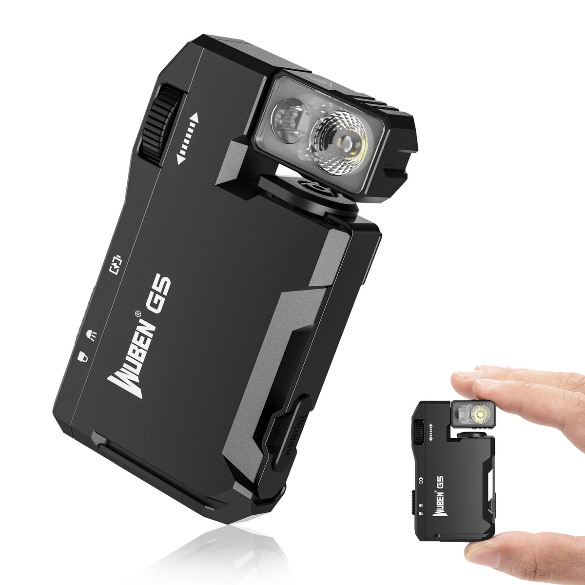 Black flashlight with 'WUBEN' branding held by a hand on a white background