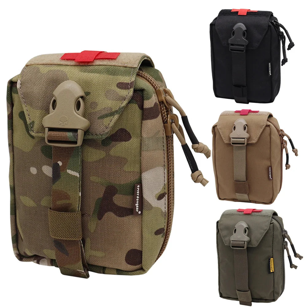 A small tactical pouch shown in camouflage on the left, with three smaller color variants on the right: black, tan, and olive green. The pouch has a flap closure, front buckle, zipper pocket, and red top tab on a white background.