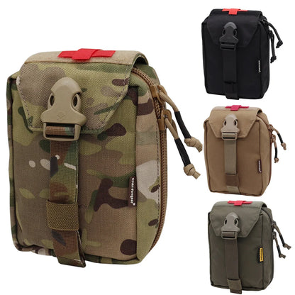 A small tactical pouch shown in camouflage on the left, with three smaller color variants on the right: black, tan, and olive green. The pouch has a flap closure, front buckle, zipper pocket, and red top tab on a white background.