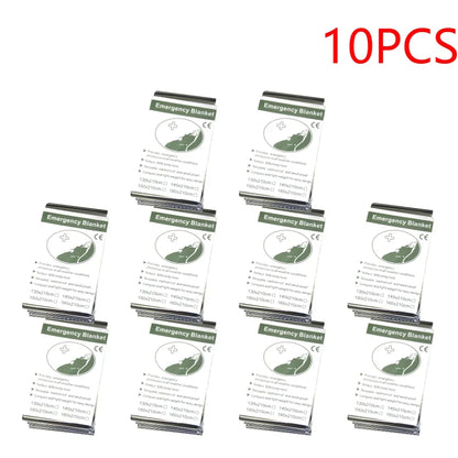 Packaging of 10 emergency blankets with green and white design on a white background.