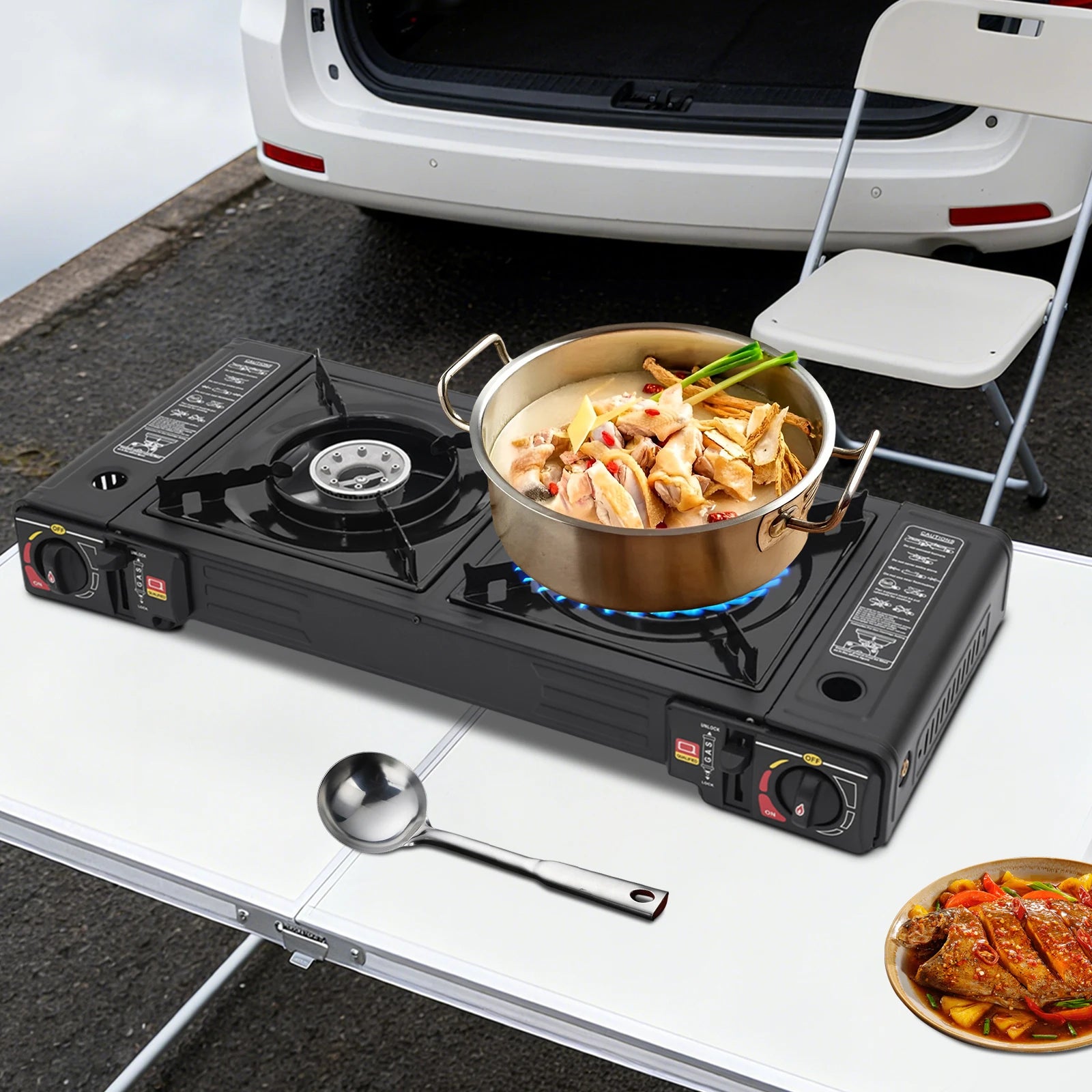 Portable camping stove with a pot of food on a table next to an open car trunk.