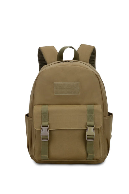 Brown backpack with green straps on a white background