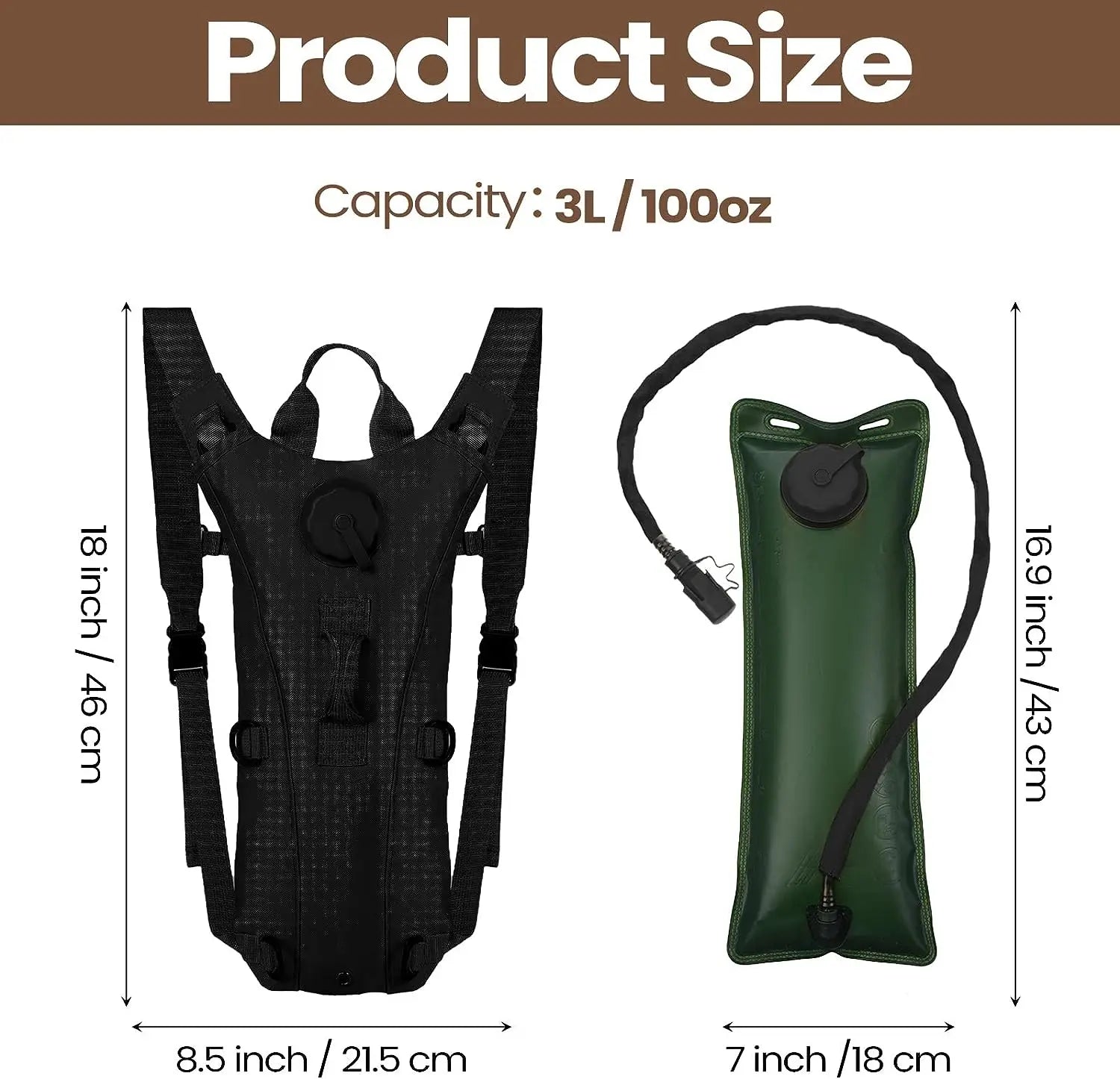 Hydration pack and bladder with dimensions on a white background