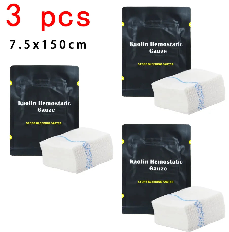 Three packs of Kaolin Hemostatic Gauze pads shown on a white background, with text indicating 3 pieces and dimensions 7.5x150cm.