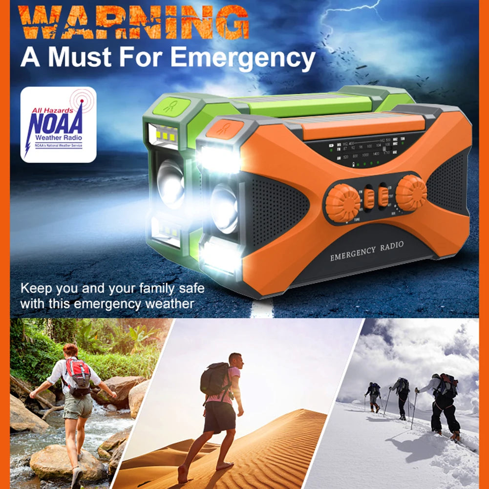 Emergency radio with flashlight on a background of outdoor activities and weather conditions, featuring NOAA branding.