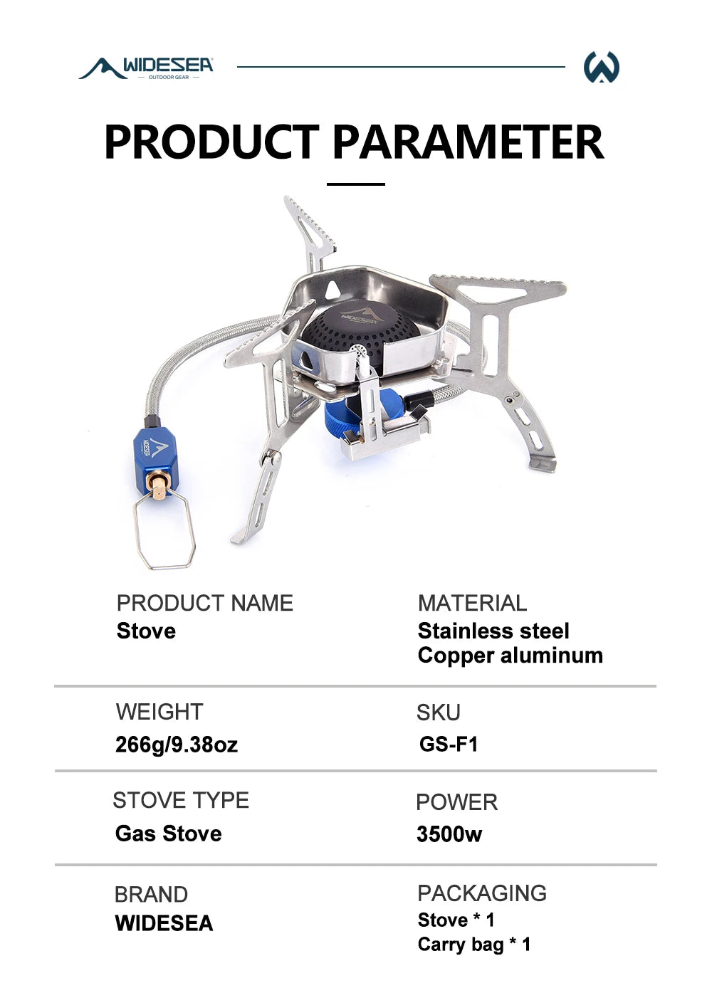 Stainless steel gas stove with specifications on a white background