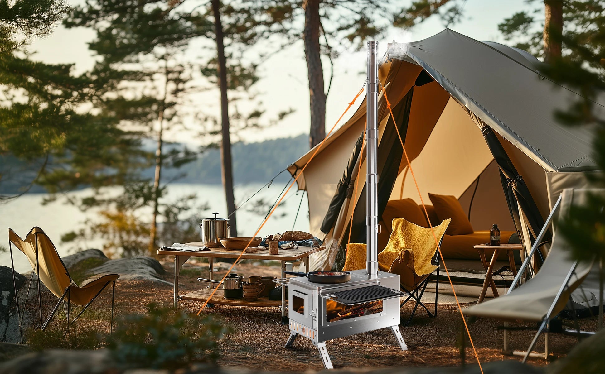 Camping scene with tents, furniture, and cooking equipment by a lake.