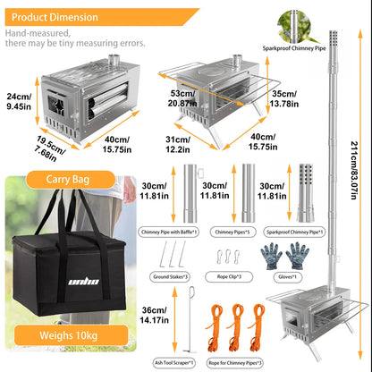 Product dimensions and features of a camping stove system with carry bag and accessories.