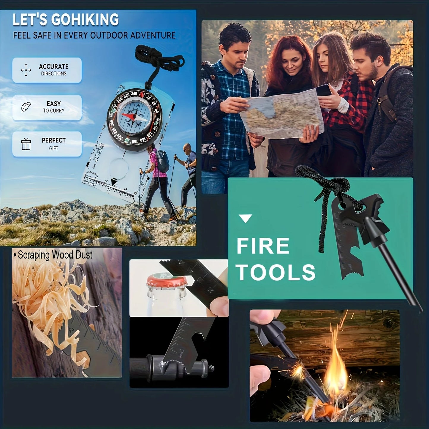 Collage of outdoor adventure gear with compass, fire tools, and people planning an outing.