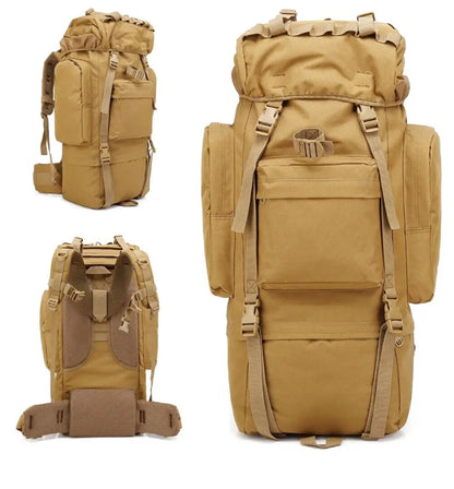 Tan backpack shown from multiple angles on a white background