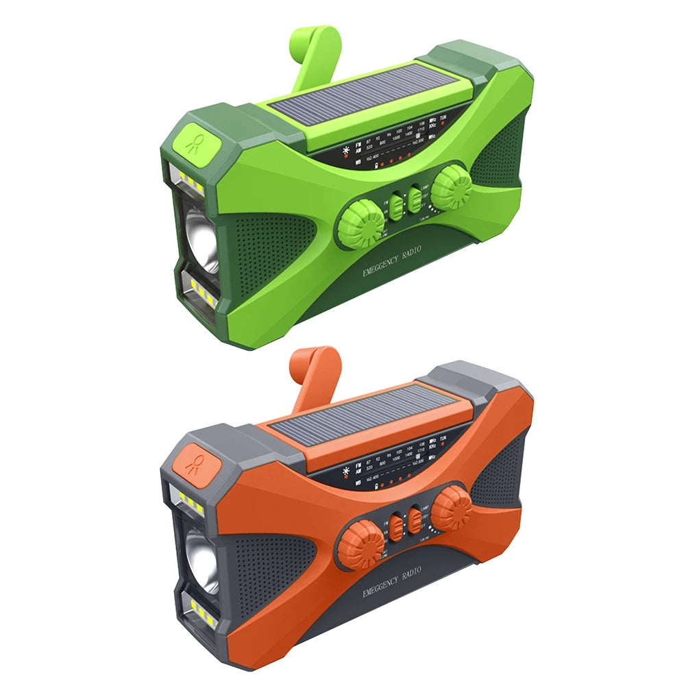 Two solar-powered emergency radios, one green and one orange, on a white background.