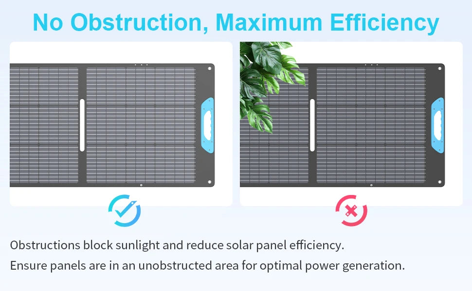 Solar panel with text about no obstruction for maximum efficiency on a blue background