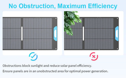 Solar panel with text about no obstruction for maximum efficiency on a blue background