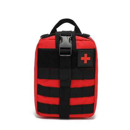 Red and black first aid kit bag with a cross symbol on a white background