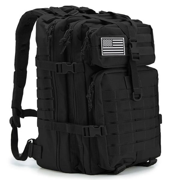 Black tactical backpack with American flag patch on a white background