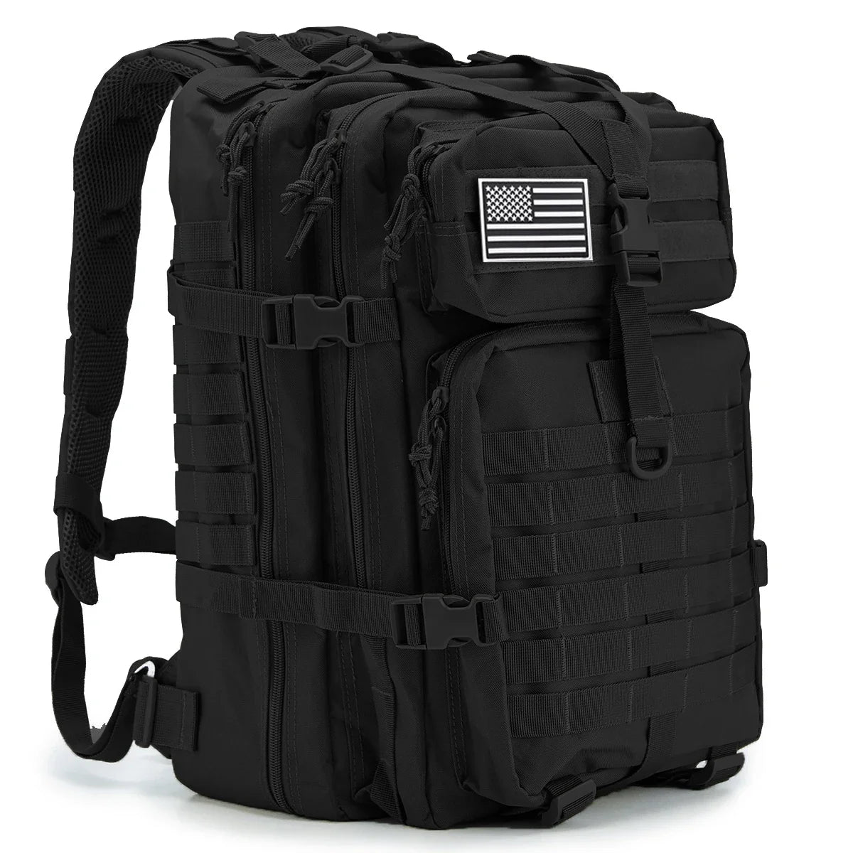 Black tactical backpack with American flag patch on a white background