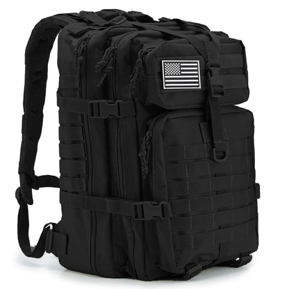 Black tactical backpack with American flag patch on a white background