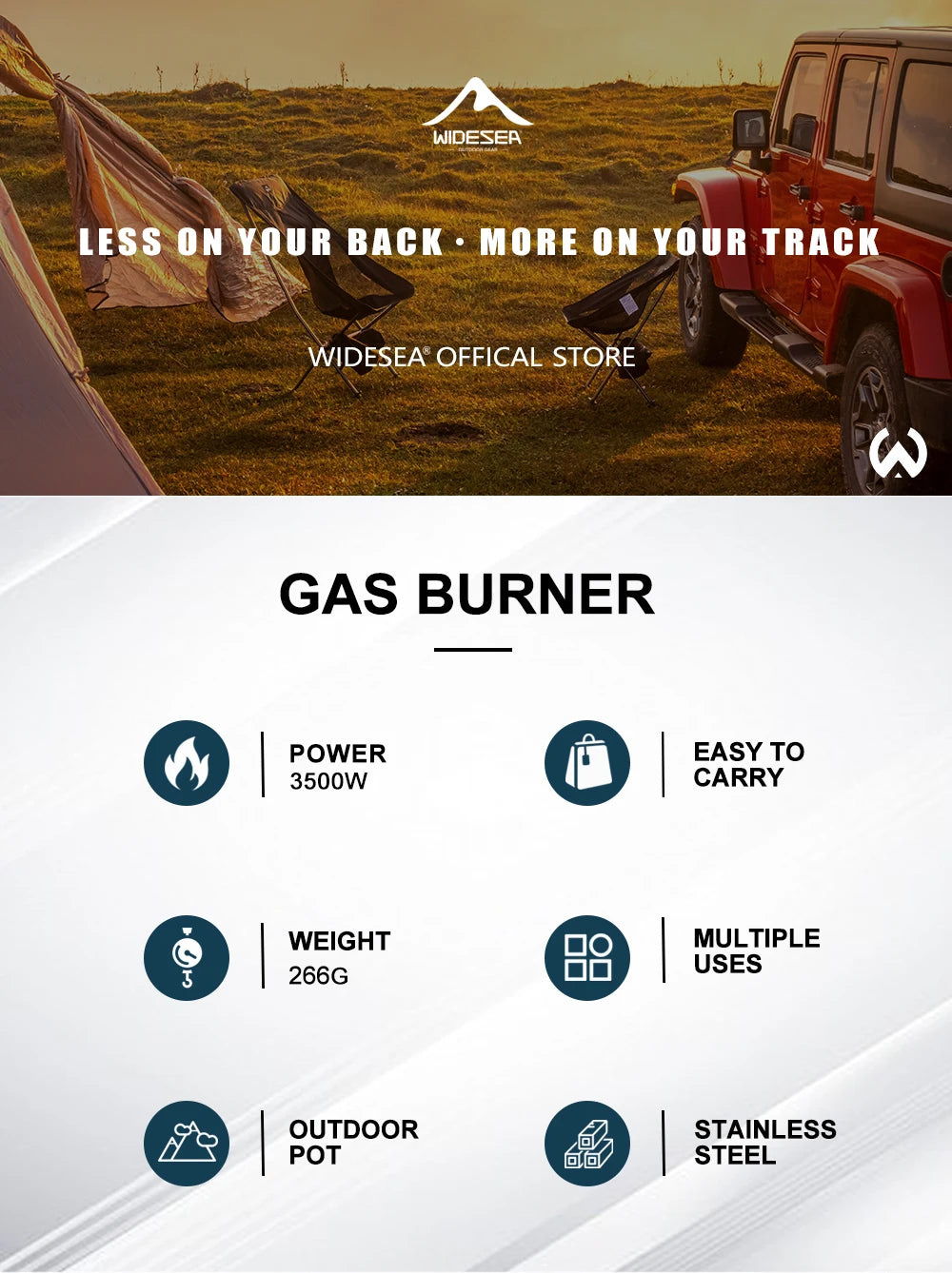 Promotional image of a gas burner with outdoor theme and Widesea branding.